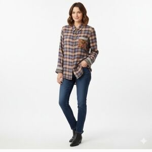 Soft Surroundings Plaid Shirt With Velvet Burnout Detail